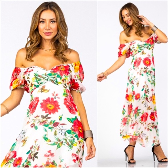 🌼🌺 Beautiful floral print off shoulder elegant maxi dress - Picture 1 of 11